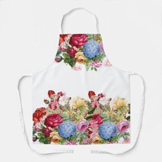 ヴィンテージバラとブルーアジサイフローラプリント エプロン (正面)