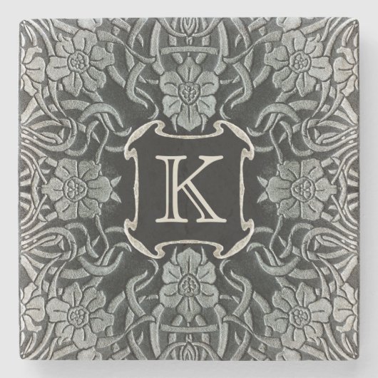 ヴィンテージバラとユリブラック・モノグラム ストーンコースター (正面)