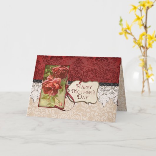 ヴィンテージバラとレース母のデイカード カード (黄色い花)