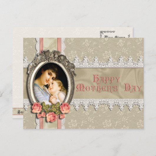 ヴィンテージバラとレース母の日はがき ポストカード (正面/裏面)