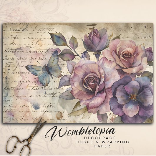 ヴィンテージバラと蝶の古いスクリプトのデコページ 薄葉紙