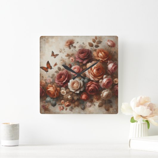 ヴィンテージバラと蝶 スクエア壁時計 (ホーム)