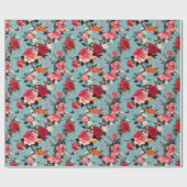 ヴィンテージバラと青い背景の花模様 ラッピングペーパー (フラット)