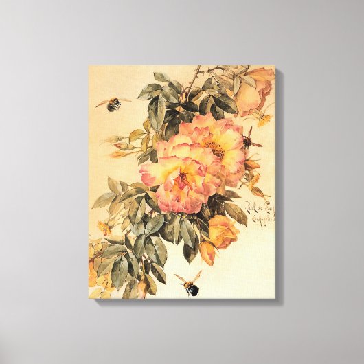 ヴィンテージ'バラと（昆虫）マルハナバチ' キャンバスプリント (正面)