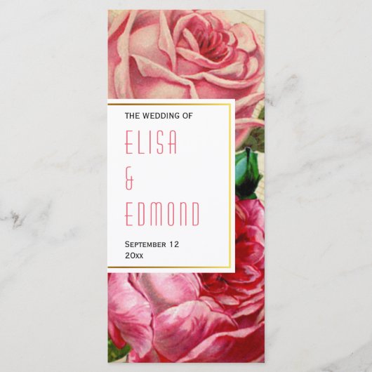 ヴィンテージバラのピンクフローラ結婚式プログラム プログラム (正面)