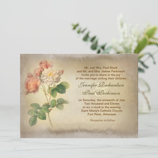 ヴィンテージバラの古い結婚式招待状 招待状 (スタンド正面)