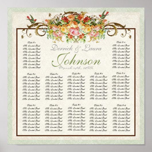 ヴィンテージバラの披露宴表の座席表 ポスター (正面)