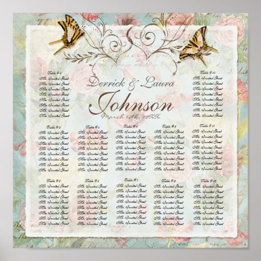 ヴィンテージバラの披露宴表の座席表 ポスター (正面)