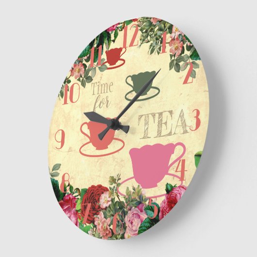 ヴィンテージバラの花のお茶パーソナライズされた入れ ラージ壁時計 (傾斜)