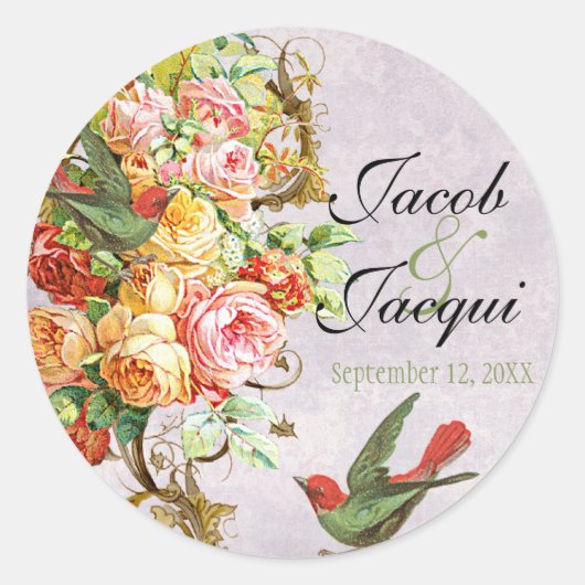 ヴィンテージバラの鳥、シール日付を保存 ラウンドシール (正面)