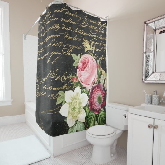 ヴィンテージバラみすぼらしいシックでゴールデンスクリプト シャワーカーテン (インサイチュ)