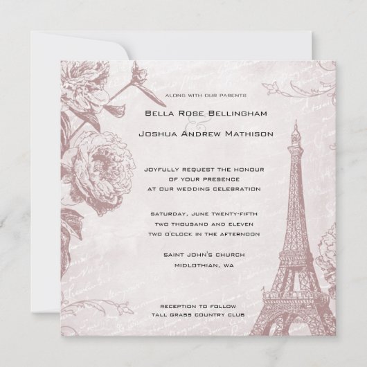 ヴィンテージバラエッフェルタワー結婚式招待状 招待状 (正面)