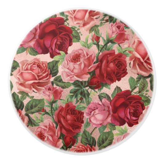 ヴィンテージバラエレガントフローラピンクローズ金ゴールド セラミックノブ (正面)