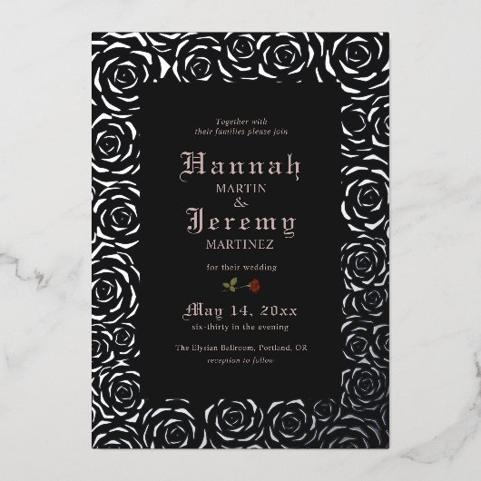 ヴィンテージバラエレガントブラックシルバー 箔招待状 (正面)