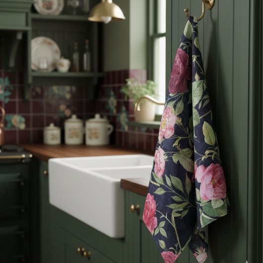 ヴィンテージバラオンザダークブルーベルベットデザイン キッチンタオル