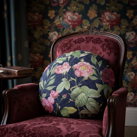 ヴィンテージバラオンザダークブルーベルベットデザイン ラウンドクッション