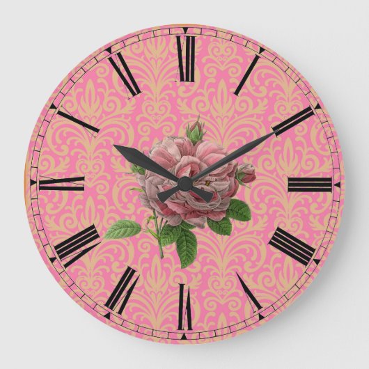 ヴィンテージバラオンピンク金ゴールドダマスク ラージ壁時計 (正面)