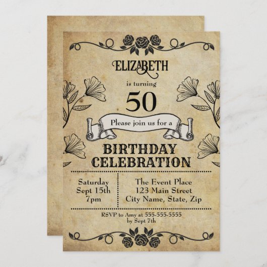 ヴィンテージバラオーナメントパーチメント50th誕生日 招待状 (正面/裏面)
