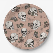 ヴィンテージバラゴシックスカルとバラハロウィーン ペーパープレート (正面)