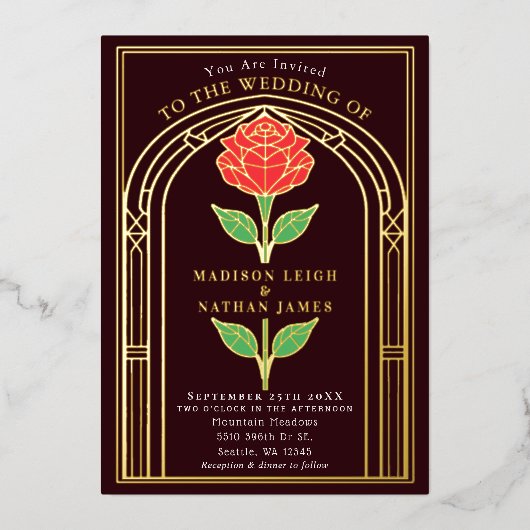 ヴィンテージバラステンドグラスビクトリアンア結婚ーチ 箔招待状 (正面)