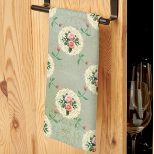 ヴィンテージバラドイリーアウェイスモークグリーンダマスク キッチンタオル