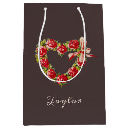 ヴィンテージバラハートパーソナライズされたレッドグレー ミディアムペーパーバッグ