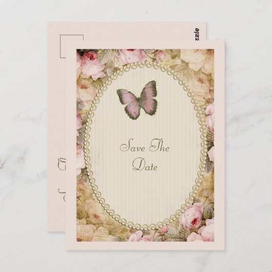 ヴィンテージバラバタフライ、音楽ノートで日付を保存 ポストカード (正面/裏面)