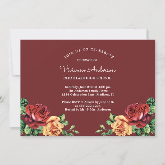 ヴィンテージバラバーガンディーレッド卒業写真グラード 招待状 (裏面)