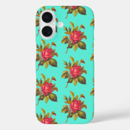 ヴィンテージバラパターンとアクアブルー iPhone 16ケース