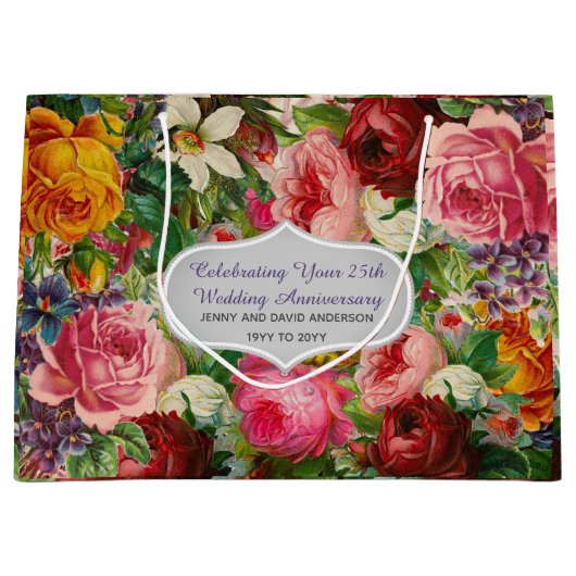 ヴィンテージバラパーソナライズされた抱き枕編集文字 ラージペーパーバッグ (正面)