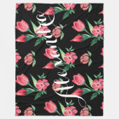 ヴィンテージバラピンクとブラックパターン フリースブランケット (正面)