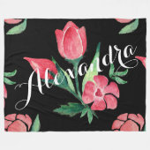 ヴィンテージバラピンクとブラックパターン フリースブランケット (正面(横))