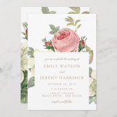 ヴィンテージバラピンクとホワイト結婚式招待状 招待状 (正面/裏面)