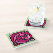 ヴィンテージバラピンクと緑の花柄 ガラスコースター (アングル)