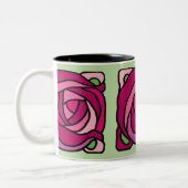 ヴィンテージバラピンクと緑の花柄 ツートーンマグカップ (左)