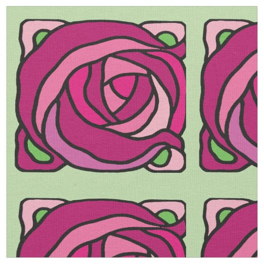 ヴィンテージバラピンクと緑の花柄 ファブリック (クローズアップ)