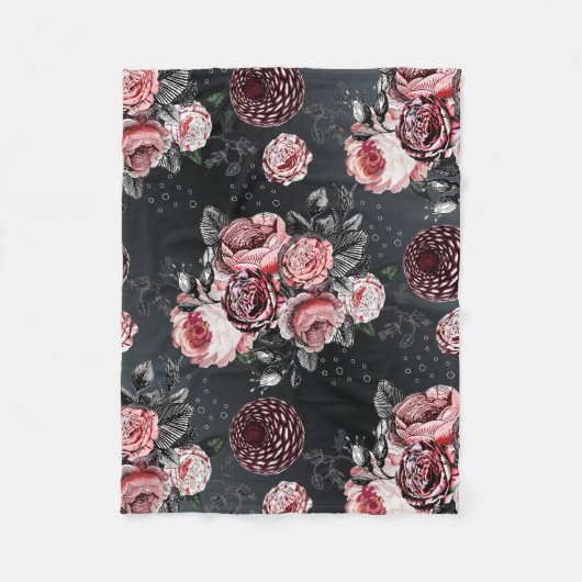 ヴィンテージバラピンクパープルとグレーパターン フリースブランケット (正面)