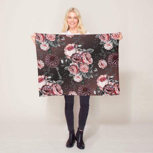 ヴィンテージバラピンクパープルとブラックパターン フリースブランケット (インサイチュ)