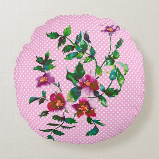 ヴィンテージバラピンク/ホワイトポルカドット ラウンドクッション (正面)