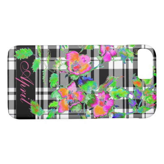 ヴィンテージバラピンク – 黒/白の格子縞モノグラムの- Case-Mate iPhoneケース (裏面(横))