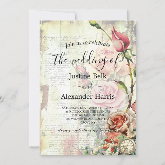 ヴィンテージバラフォトQRコー結婚ド 招待状 (正面)