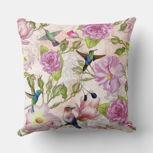ヴィンテージバラフラワーズハミングバーズパターン クッション (裏面)