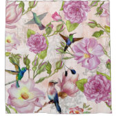 ヴィンテージバラフラワーズハミングバーズパターン シャワーカーテン (正面)