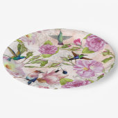 ヴィンテージバラフラワーズハミングバーズパターン ペーパープレート (アングル)
