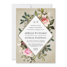 ヴィンテージバラフローラの緑の結婚式招待状