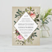 ヴィンテージバラフローラの緑の結婚式招待状 招待状 (スタンド正面)