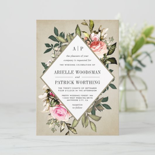 ヴィンテージバラフローラの緑の結婚式招待状 招待状 (スタンド正面)