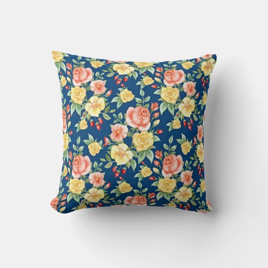 ヴィンテージバラフローラルパターンイラストレーション クッション (正面)