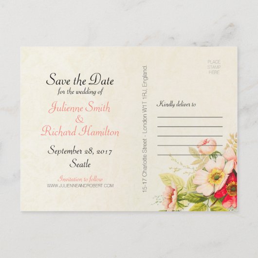 ヴィンテージバラブーケフローラウェディング日付を保存 案内ポストカード (裏面)