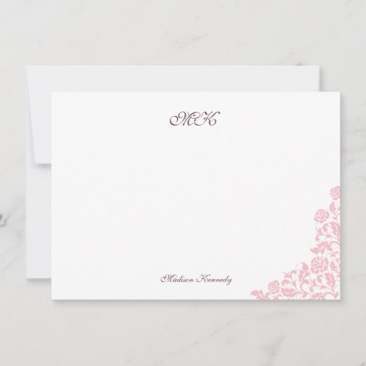 ヴィンテージバラレースピンクストライプ色のスクリプトモノグラムノート ノートカード (正面)